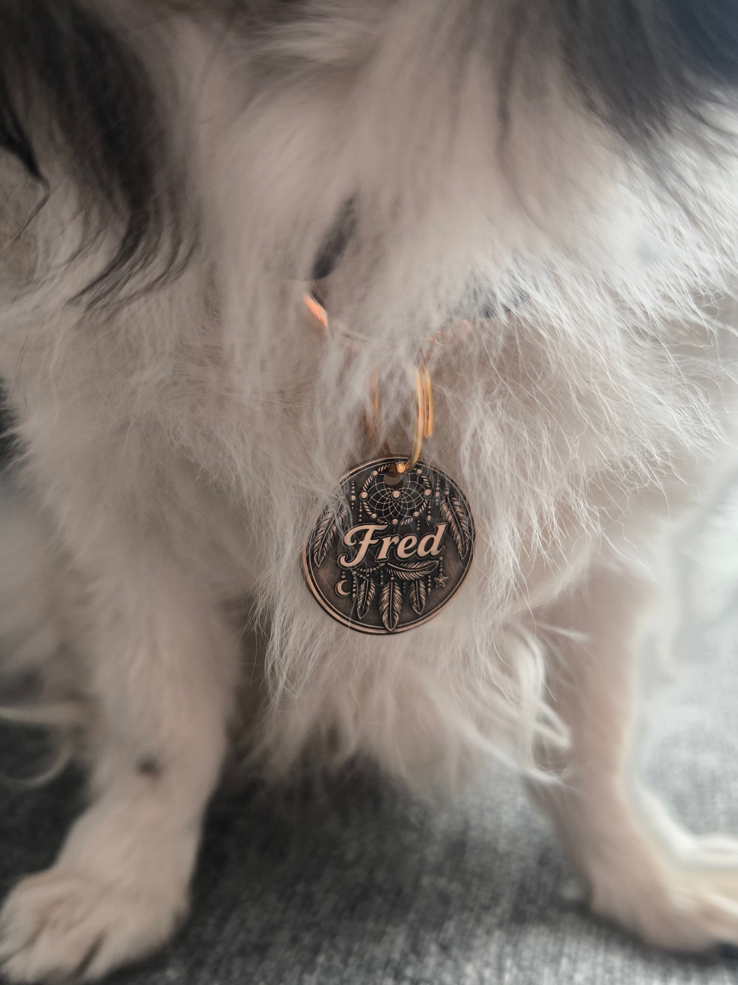 Hundemarke Messing mit Relief Gravur Boho Style