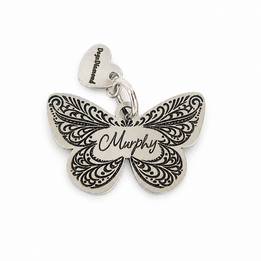 Hundemarke graviert Schmetterling Vintage Ornament Silber