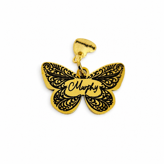 Hundemarke graviert Schmetterling Vintage Ornament Gold