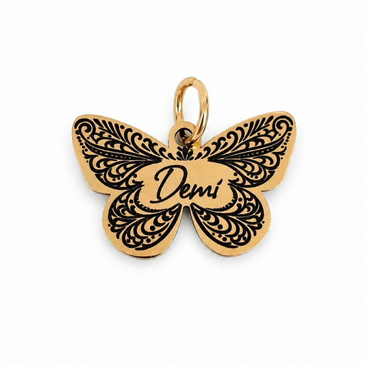 Hundemarke graviert Schmetterling Vintage Ornament Rosegold